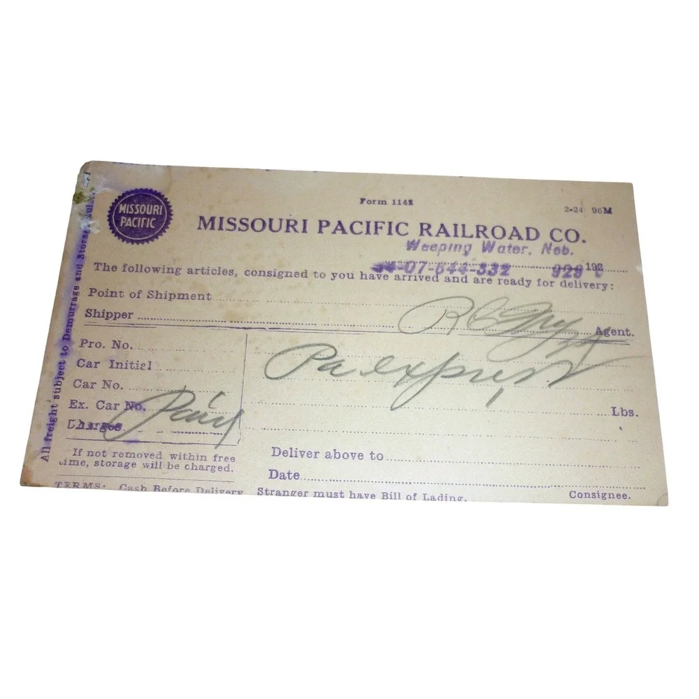 1924 Missouri Pacific Railroad Freight Notice‎ Postcard Weeping Water Nebraska